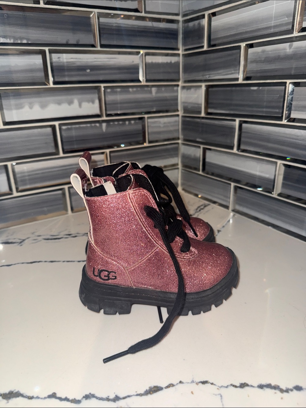 UGG Kids Glitter Rose Pink Lace-Up Boots